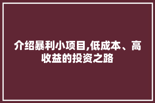 介绍暴利小项目,低成本、高收益的投资之路 神马SEO