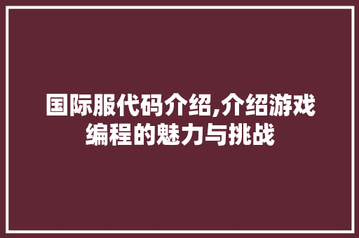 国际服代码介绍,介绍游戏编程的魅力与挑战