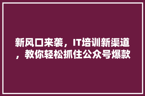 新风口来袭，IT培训新渠道，教你轻松抓住公众号爆款 百度SEO