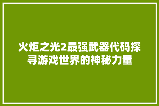 火炬之光2最强武器代码探寻游戏世界的神秘力量 必应SEO