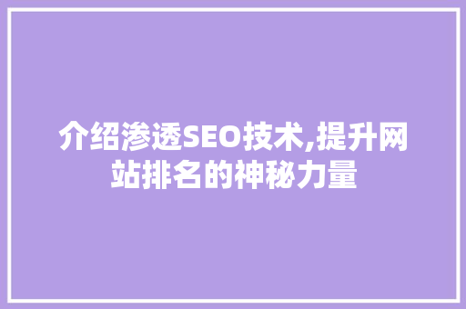介绍渗透SEO技术,提升网站排名的神秘力量 搜狗SEO