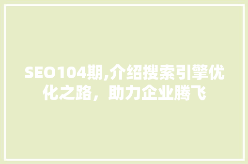 SEO104期,介绍搜索引擎优化之路，助力企业腾飞