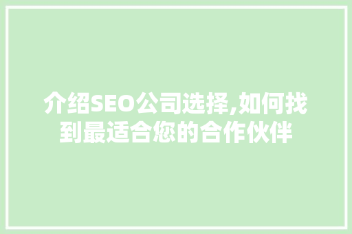 介绍SEO公司选择,如何找到最适合您的合作伙伴 必应SEO