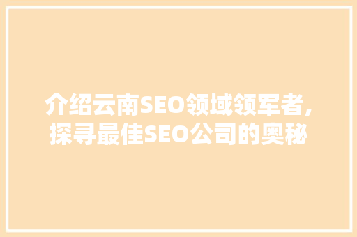 介绍云南SEO领域领军者,探寻最佳SEO公司的奥秘 必应SEO