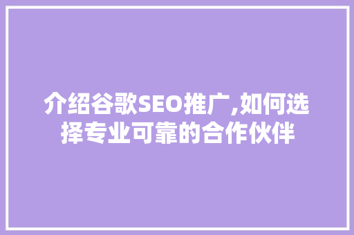 介绍谷歌SEO推广,如何选择专业可靠的合作伙伴 SEO关键词