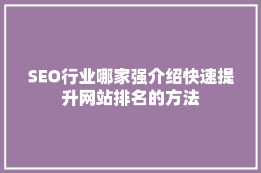 SEO行业哪家强介绍快速提升网站排名的方法