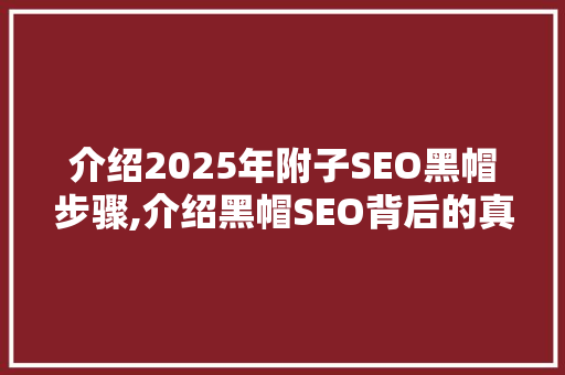 介绍2025年附子SEO黑帽步骤,介绍黑帽SEO背后的真相与风险 网站建设公司