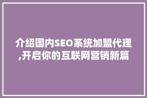 介绍国内SEO系统加盟代理,开启你的互联网营销新篇章 神马SEO