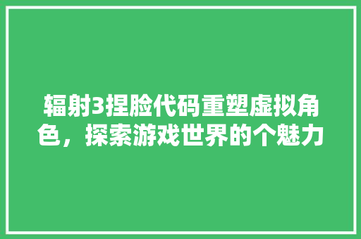 辐射3捏脸代码重塑虚拟角色，探索游戏世界的个魅力 神马SEO