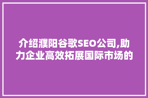 介绍濮阳谷歌SEO公司,助力企业高效拓展国际市场的关键步骤 搜狗SEO