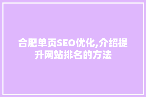 合肥单页SEO优化,介绍提升网站排名的方法 SEO关键词