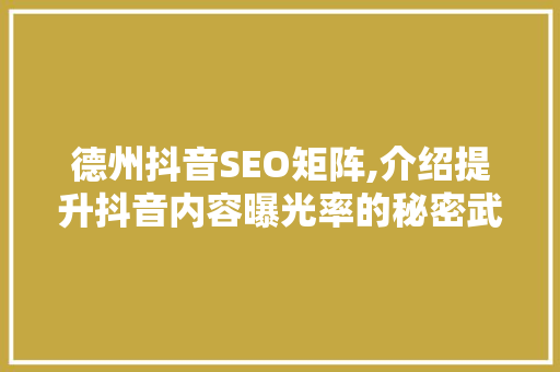 德州抖音SEO矩阵,介绍提升抖音内容曝光率的秘密武器 神马SEO