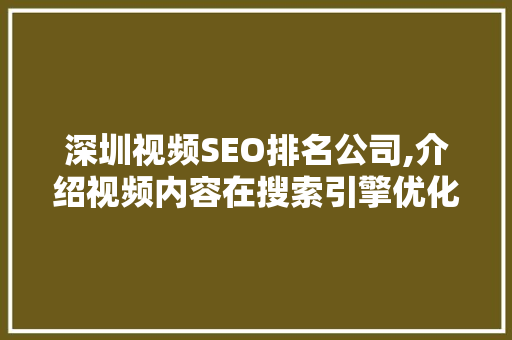 深圳视频SEO排名公司,介绍视频内容在搜索引擎优化中的关键作用 神马SEO