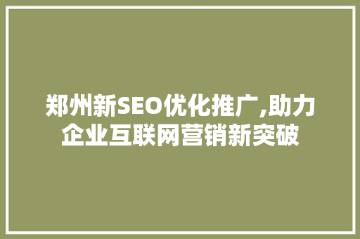 郑州新SEO优化推广,助力企业互联网营销新突破