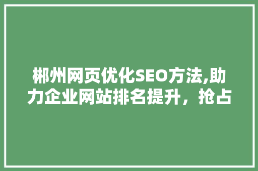 郴州网页优化SEO方法,助力企业网站排名提升，抢占互联网市场先机