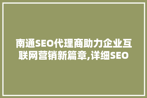 南通SEO代理商助力企业互联网营销新篇章,详细SEO步骤与市场前景