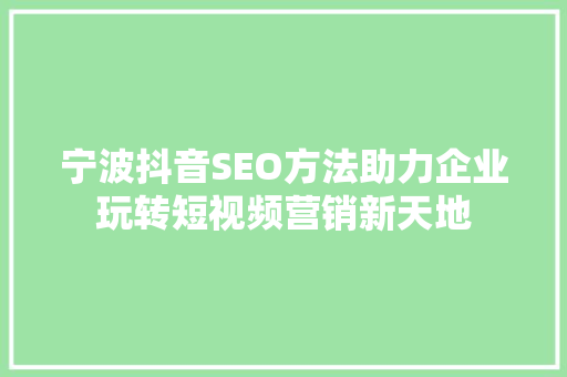 宁波抖音SEO方法助力企业玩转短视频营销新天地 必应SEO