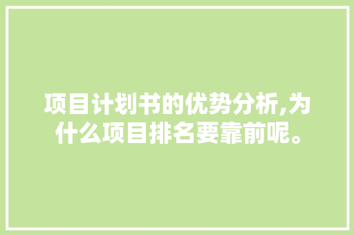 项目计划书的优势分析,为什么项目排名要靠前呢。 项目计划书的优势分析,为什么项目排名要靠前呢。 百度SEO