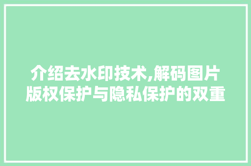 介绍去水印技术,解码图片版权保护与隐私保护的双重挑战 介绍去水印技术,解码图片版权保护与隐私保护的双重挑战 神马SEO