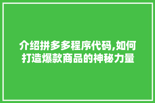 介绍拼多多程序代码,如何打造爆款商品的神秘力量 介绍拼多多程序代码,如何打造爆款商品的神秘力量 网站建设公司