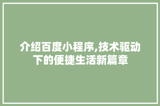 介绍百度小程序,技术驱动下的便捷生活新篇章 介绍百度小程序,技术驱动下的便捷生活新篇章 网站建设公司
