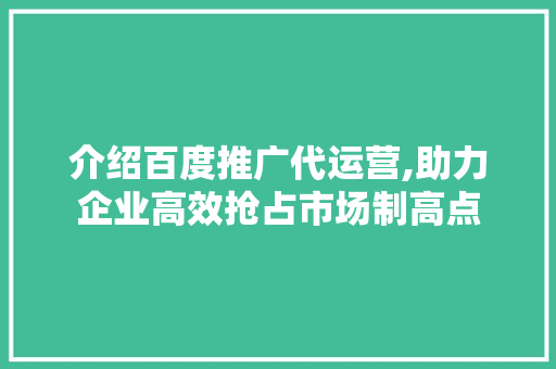 介绍百度推广代运营,助力企业高效抢占市场制高点 介绍百度推广代运营,助力企业高效抢占市场制高点 神马SEO