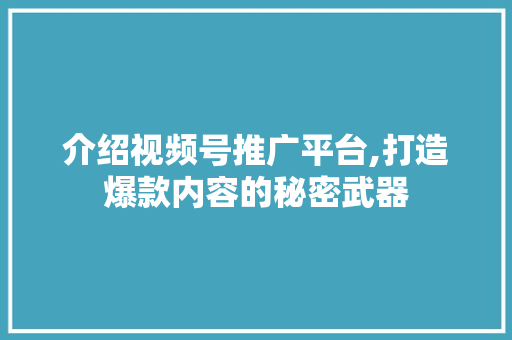 介绍视频号推广平台,打造爆款内容的秘密武器