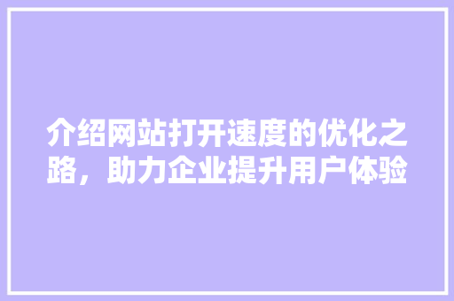 介绍网站打开速度的优化之路，助力企业提升用户体验 介绍网站打开速度的优化之路，助力企业提升用户体验 神马SEO