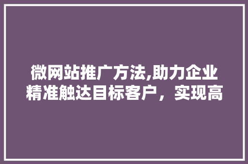 微网站推广方法,助力企业精准触达目标客户，实现高效营销 微网站推广方法,助力企业精准触达目标客户，实现高效营销 搜狗SEO