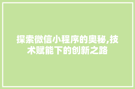 探索微信小程序的奥秘,技术赋能下的创新之路 探索微信小程序的奥秘,技术赋能下的创新之路 搜狗SEO