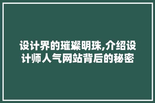 设计界的璀璨明珠,介绍设计师人气网站背后的秘密 设计界的璀璨明珠,介绍设计师人气网站背后的秘密 神马SEO