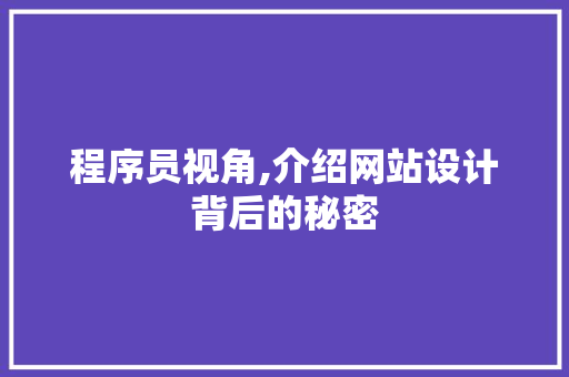 程序员视角,介绍网站设计背后的秘密 程序员视角,介绍网站设计背后的秘密 网站建设公司