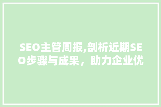 SEO主管周报,剖析近期SEO步骤与成果，助力企业优化搜索引擎排名 SEO主管周报,剖析近期SEO步骤与成果，助力企业优化搜索引擎排名 百度SEO