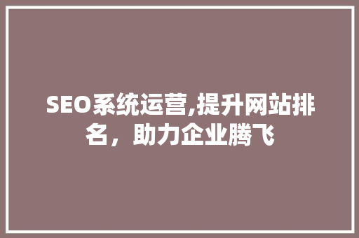 SEO系统运营,提升网站排名，助力企业腾飞 SEO系统运营,提升网站排名，助力企业腾飞 神马SEO